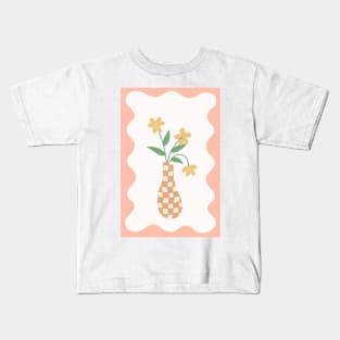 checkered warm beige and tan vase with yellow flowers with peach squiggle frame Kids T-Shirt